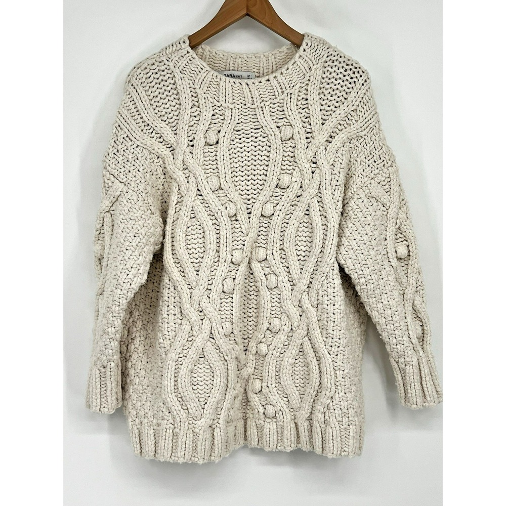 Cable Knit Fisherman Crew Neck Sweater Women's Size Large Cream Chunky Cabin